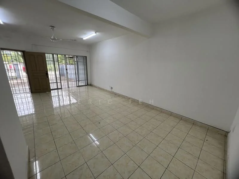 Room features: white painted walls, ceramic tile flooring, ceiling fan, sliding glass door, large windows, natural light, open layout, no visible furniture; style: minimalist; view: garden.