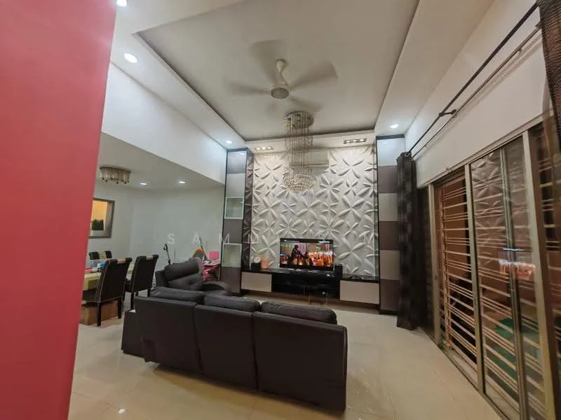 Living features: 3-seater leather sofa in black, coffee table, wall-mounted TV, entertainment unit, decorative chandelier, 5-blade ceiling fan with light, textured feature wall with geometric pattern, recessed downlights, tile flooring, sliding glass door; style: modern. Dining features: 6-seater dining table, upholstered dining chairs, open layout to living area; style: modern.