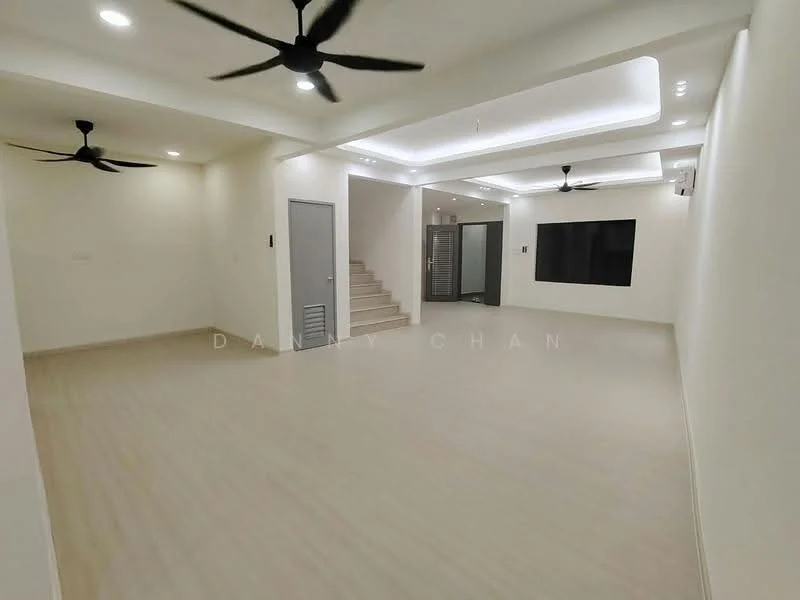 Room features: light wood laminate flooring, white painted walls, tray ceiling with recessed lighting, 2 ceiling fans, large wall-mounted TV, staircase leading to upper floor, sliding glass door, multiple electrical outlets; style: modern.