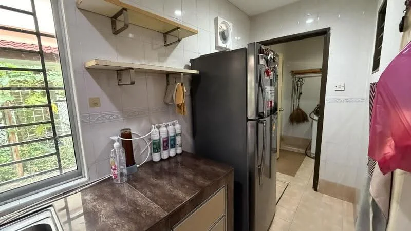 Kitchen features: stainless-steel fridge, single-bowl stainless-steel sink, chrome pull-down faucet, brown laminate countertop, white tiled backsplash, white painted walls, cream tiled flooring, open shelving, wall-mounted air conditioning unit, broom and cleaning supplies visible; style: modern; view: garden.