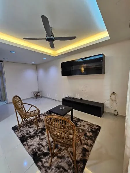 Living features: 5-blade ceiling fan with integrated LED light, recessed downlights, wall-mounted TV console, black TV cabinet, area rug with abstract pattern, two rattan chairs, coffee table, white painted walls, glossy tile flooring; style: modern.
