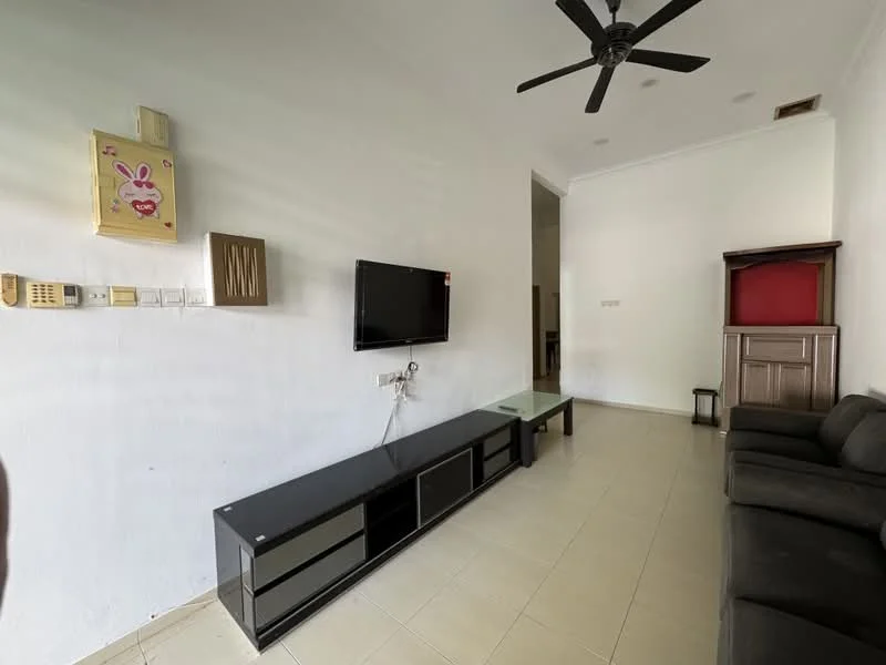 Living features: light grey painted walls, cream tiled flooring, 5-blade ceiling fan, wall-mounted flat-screen TV, black TV console with storage, glass coffee table, dark grey fabric sofa, wooden cabinet with red accent, intercom system, decorative wall art; style: modern.