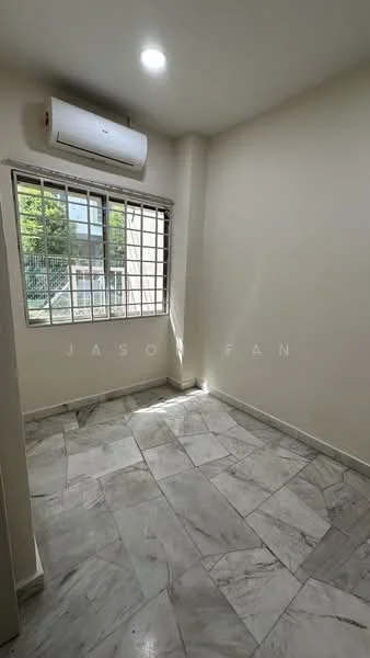 Room features: marble flooring, white painted walls, window with grid, wall-mounted split AC, ceiling light.