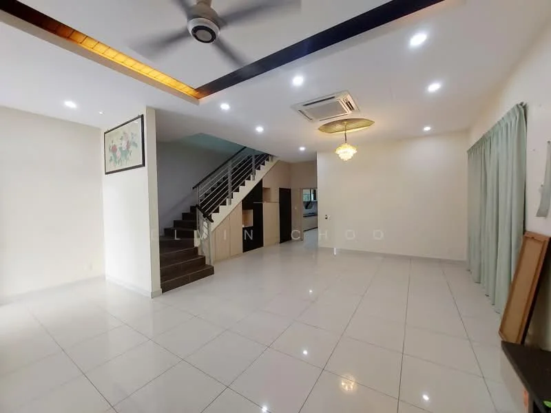 Living features: white painted walls, glossy ceramic tile flooring, tray ceiling with recessed lighting, 5-blade ceiling fan with light, large windows with sheer curtains, staircase leading to upper floor, chandelier, air conditioning unit; style: modern.