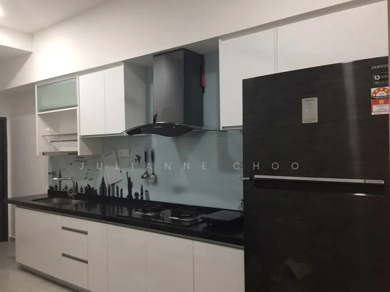 Kitchen features: black granite countertop, white shaker cabinets, stainless-steel fridge, built-in oven, 4-burner gas hob, black glass range hood, glass upper cabinets, tile backsplash with city skyline design, open shelving, recessed downlights, grey tile flooring; style: modern.