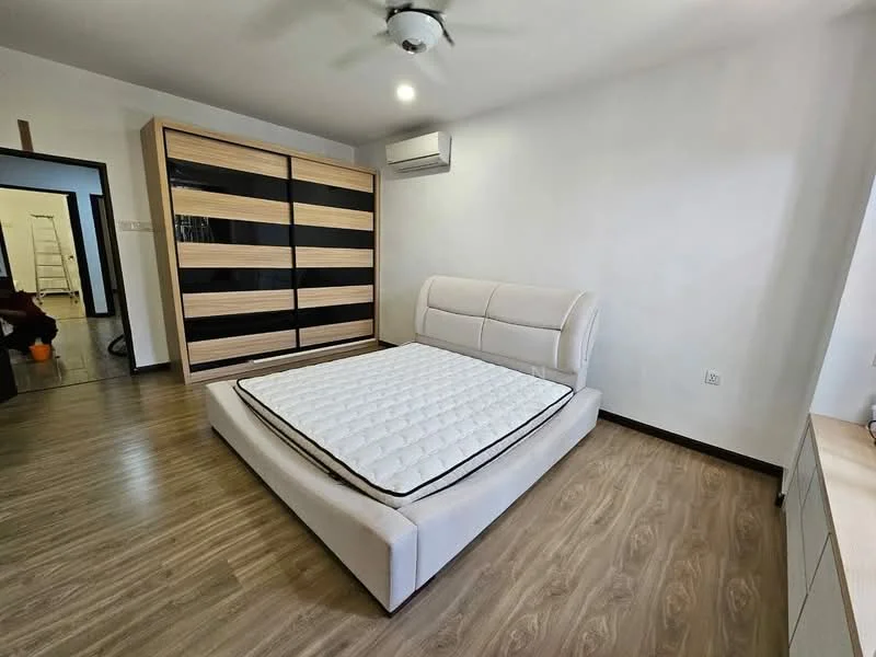 Bedroom features: queen-size bed frame with upholstered headboard, mattress on bed frame, built-in wardrobe with sliding doors, wooden flooring, ceiling fan, air conditioning unit, white painted walls, minimalist decor; style: modern.
