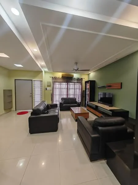 Living features: black leather 3-seater sofa, black leather 2-seater sofa, wooden coffee table, TV console, wall-mounted TV, recessed downlights, ceiling fan, cream tiled flooring, green painted walls, curtains on windows, door with glass panel, air conditioning unit; style: modern.