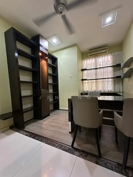 Study features: light green painted walls, wooden flooring, ceiling fan, built-in shelving unit, desk with drawers, two upholstered chairs, window with sheer curtains, air conditioning unit; style: modern.
