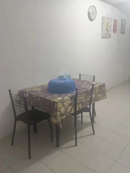 Dining features: square dining table with floral tablecloth, 2 black metal dining chairs, white painted walls, tile flooring, wall clock, framed artwork on wall.