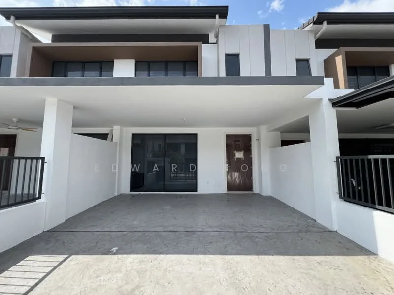 Exterior type: linked terrace house; features: white painted facade, flat roof, two-storey, concrete driveway, front porch area, balcony on upper level, black metal railing, large glass windows, main entrance door, exposed concrete flooring; style: modern.