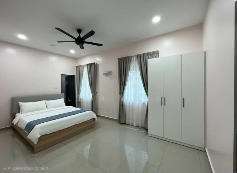 Bedroom features: king-size bed with white bedding, upholstered headboard, 2 bedside pillows, ceiling fan with light, wall-mounted air conditioning unit, floor-to-ceiling window with sheer curtains, grey curtains, white wardrobe with sliding doors, light grey tiled flooring, pink painted walls; style: modern.