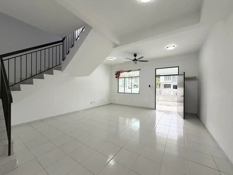 Room features: white painted walls, glossy white tile flooring, 5-blade ceiling fan with light, large window with view to exterior, door leading to exterior, staircase with metal railing, recessed ceiling lights, open layout; style: modern.