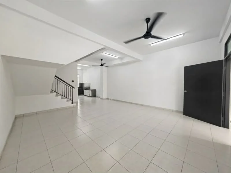 Room features: white painted walls, tile flooring, 2 ceiling fans, staircase, recessed lighting, large open space, sliding glass door, kitchen area visible in background; style: modern.