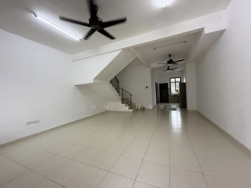 Living features: white painted walls, tile flooring, 2 ceiling fans, recessed ceiling lights, open layout, staircase with metal railing, large windows for natural light; style: modern.