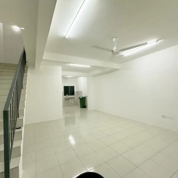 Living features: white painted walls, glossy ceramic tile flooring, recessed LED downlights, 5-blade ceiling fan, open layout, large windows, green trash bin, staircase leading to upper floor; style: modern. Kitchen features: white painted walls, glossy ceramic tile flooring, kitchen counter visible, sink visible, large window; style: modern.