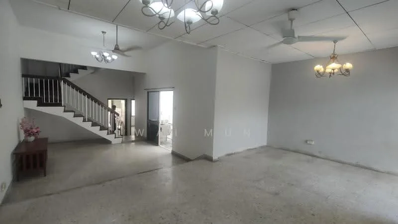 Living features: concrete flooring, white painted walls, ceiling fan, chandelier, large windows, open layout, staircase leading to upper floor, door leading to outdoor area. Room features: white painted walls, concrete flooring.