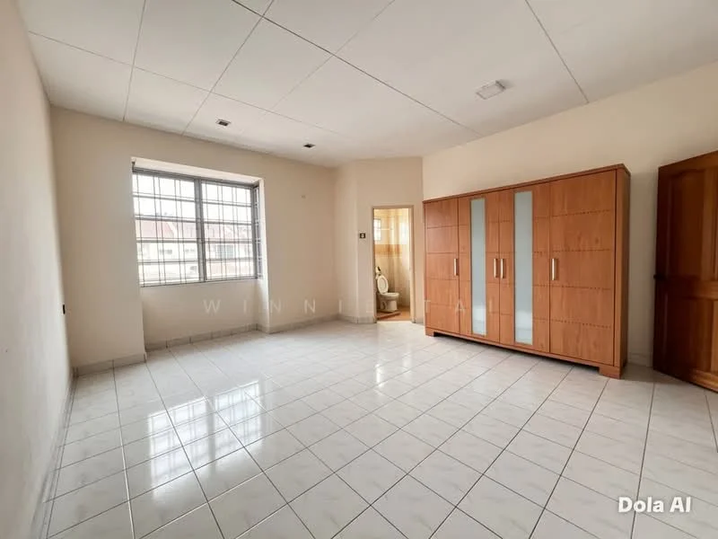 Room features: white painted walls, tile flooring, large window with grid design, built-in wardrobe with sliding doors, natural light from window, neutral color scheme, ceiling lights, corner space for furniture; style: modern.