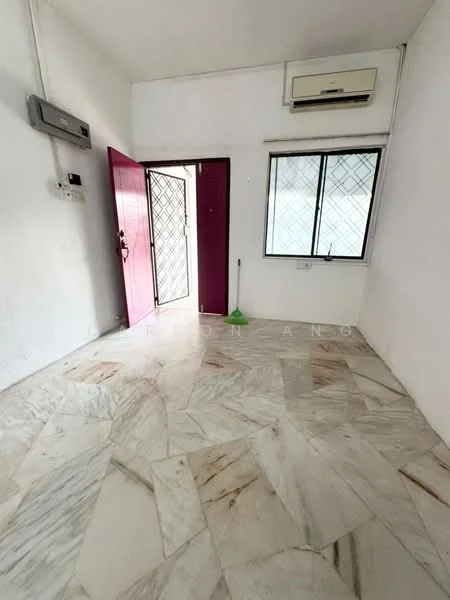 Room features: white painted walls, marble flooring, window with security grille, air conditioning unit, pink door, door with security grille, cleaning broom, light fixture; style: minimalist.
