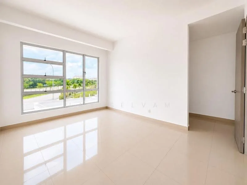 Room features: large floor-to-ceiling windows, white painted walls, cream tiled flooring, natural light from windows, view of greenery outside, no visible furniture, neutral color scheme, minimalist design; style: modern; view: garden.