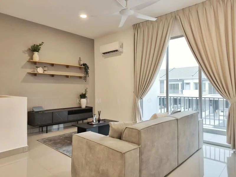 Living features: 5-blade ceiling fan with light, wall-mounted split AC, grey fabric sofa, coffee table, TV console, floating wooden shelf, decorative plants, floor-to-ceiling windows with sheer curtains, light-colored walls, glossy tile flooring; style: modern.
