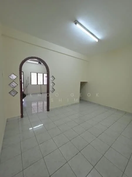 Room features: white painted walls, glossy ceramic tile flooring, fluorescent ceiling light, arched doorway, staircase visible in background, three decorative wall mirrors, large windows with natural light; style: modern.