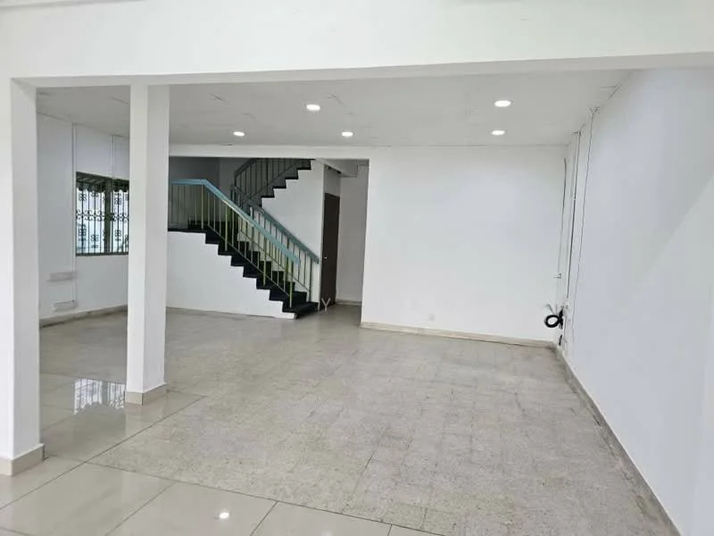 Room features: white painted walls, recessed downlights, tile flooring, staircase with green railing, large windows, open layout, neutral color scheme, high ceiling; style: modern.