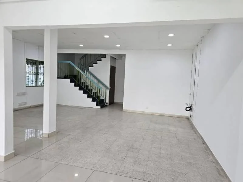 Room features: white painted walls, tile flooring, recessed LED downlights, staircase with metal railing, large windows, open layout, neutral color scheme, corner space; style: modern.