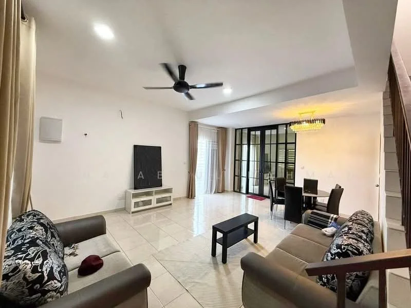 Living features: cream painted walls, white ceiling, 5-blade ceiling fan with light, floor-to-ceiling windows, sliding glass door, light-colored tile flooring, black coffee table, 2-seater fabric sofa in grey, 3-seater fabric sofa with floral pattern, area rug with geometric pattern, decorative chandelier, TV console, dining table with chairs; style: modern.