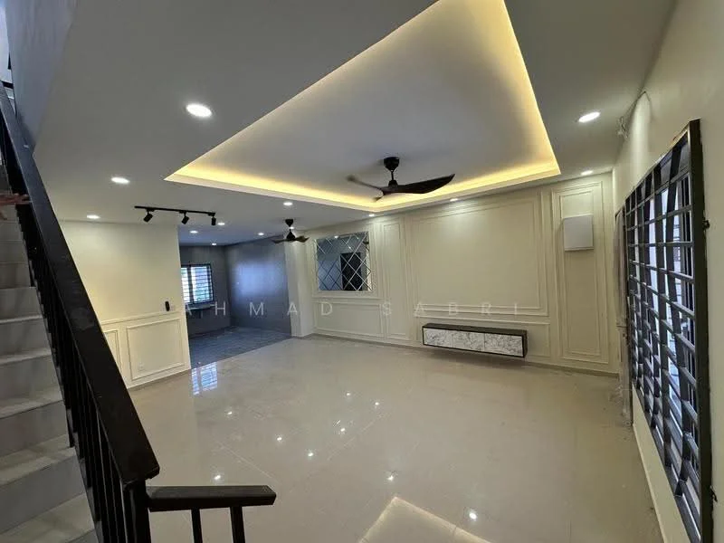 Living features: white painted walls, tray ceiling with recessed lighting, 2 ceiling fans, marble tile flooring, wall-mounted air conditioning unit, decorative wall paneling, large windows with grid pattern, LED strip lighting; style: modern. Room features: staircase with black railing, open layout to adjacent room.