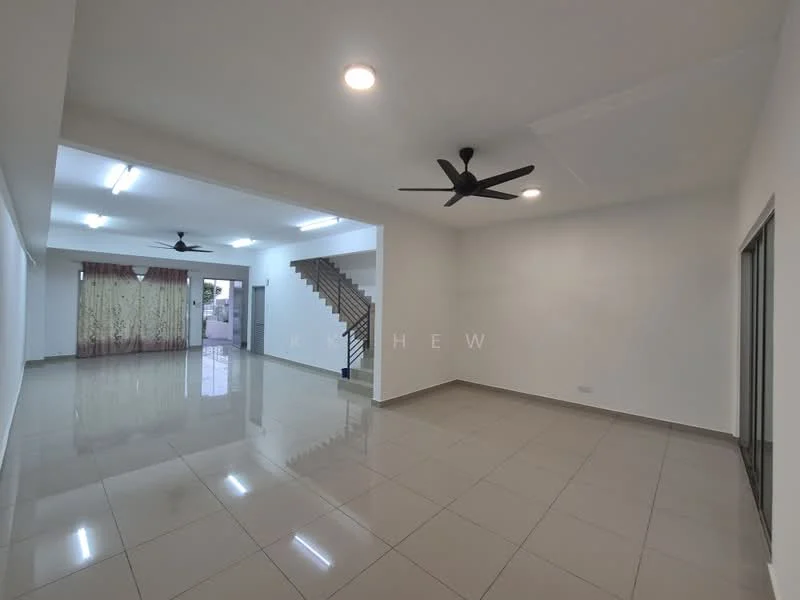 Living features: white painted walls, polished ceramic tile flooring, 5-blade ceiling fan with light, recessed LED downlights, large windows, sliding glass door, curtains, staircase with metal railing; style: modern.