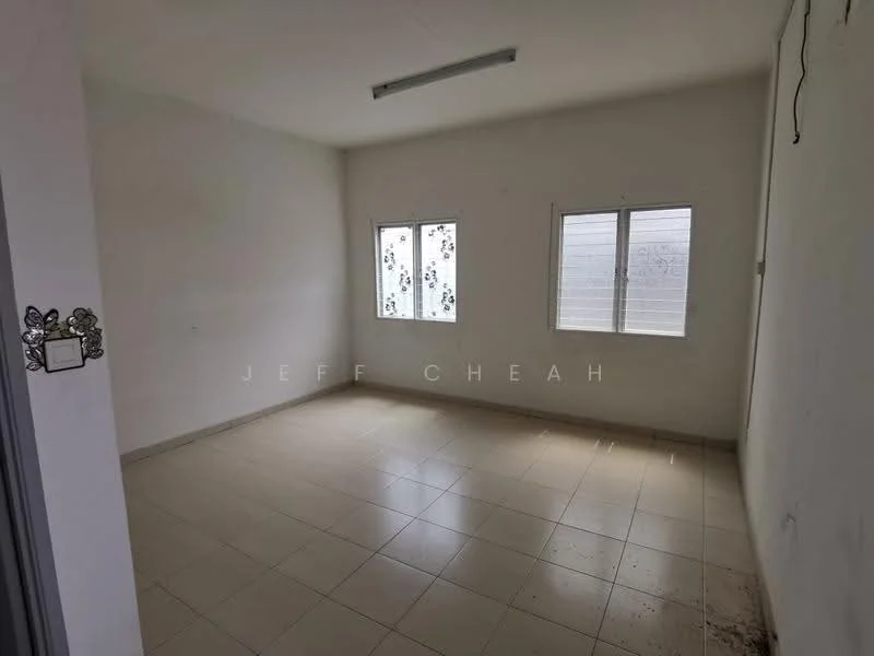Room features: white painted walls, tile flooring, two small windows, ceiling lights, no visible furniture, clean and empty space; style: minimalist.