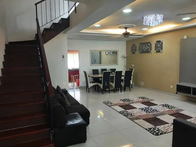 Living features: sofa in dark fabric, coffee table, area rug with geometric pattern, wall-mounted TV, ceiling fan with light, recessed downlights, white painted walls, tile flooring, decorative wall art, dining table with black upholstered chairs, staircase with wooden steps, mirror on wall; style: modern.