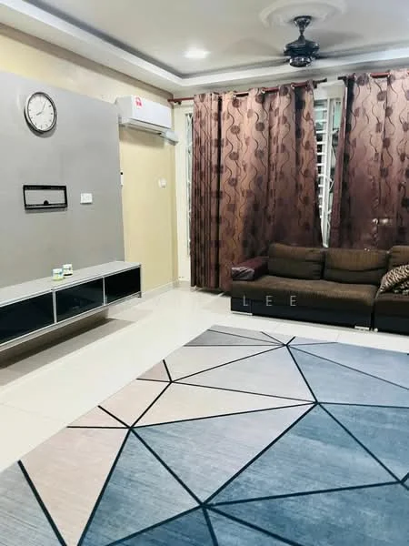 Living features: 3-seater fabric sofa in brown, coffee table, wall-mounted TV console, decorative wall clock, floor-to-ceiling windows with sheer curtains, ceiling fan, area rug with geometric pattern, light-colored wall, cream tiled flooring, air conditioning unit; style: modern.