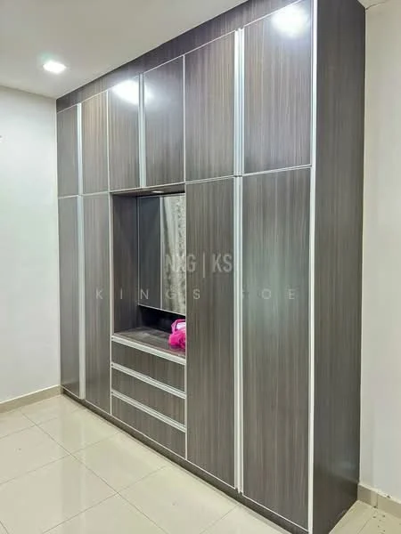 Room features: built-in wardrobe with sliding doors, grey wood finish, mirror panel, multiple storage compartments, recessed lighting, glossy surface, floor tiles, neutral wall color; style: modern.