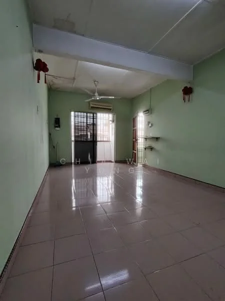 Living features: green painted walls, tile flooring, ceiling fan, large windows, sliding glass door, wall-mounted air conditioning unit, light fixtures, open layout.
