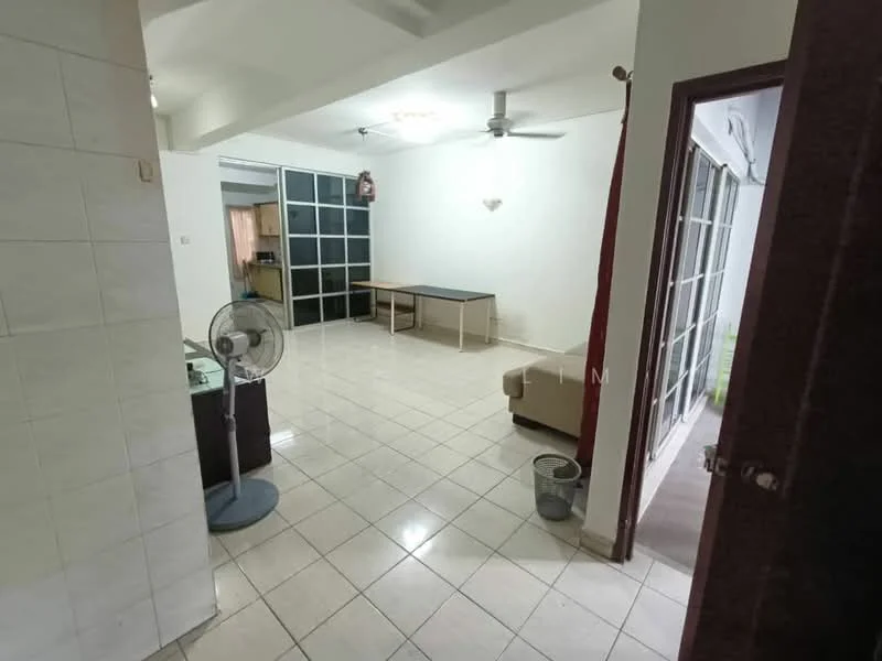 Living features: white painted walls, tile flooring, 5-blade ceiling fan, large glass sliding doors, window with sheer curtains, sofa, coffee table, dining table, decorative wall light. Room features: white painted walls, tile flooring, doorway leading to another room.