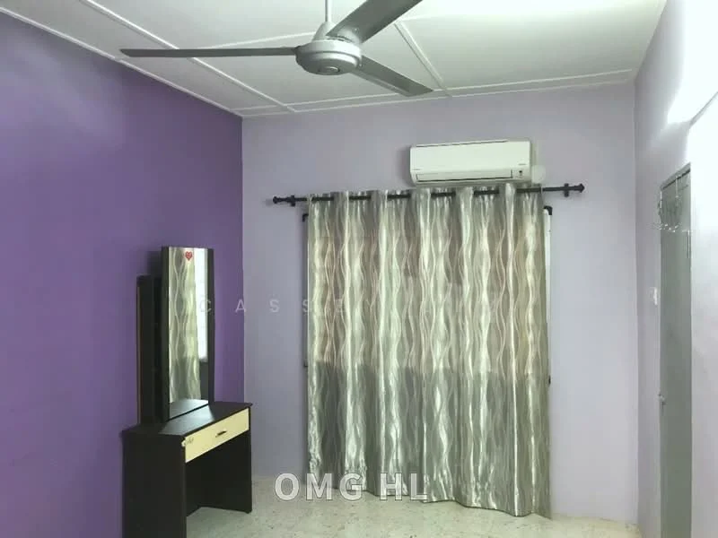 Room features: purple painted walls, ceiling fan, wall-mounted split AC, curtains with wave pattern, mirror with frame, black dresser with drawers, speckled flooring; style: modern.