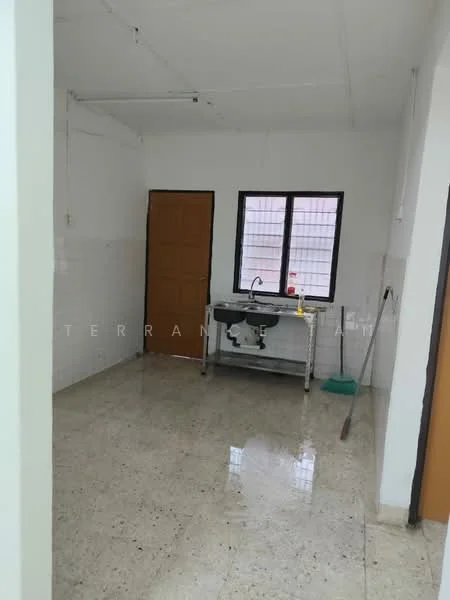 Laundry features: single-bowl stainless-steel sink, chrome faucet, metal work table, white tiled walls, polished concrete flooring, window with grid pattern, wooden door, cleaning supplies visible.