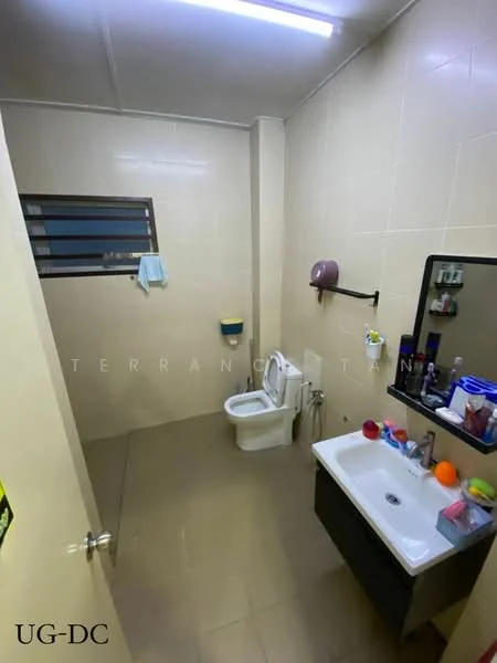 Bathroom features: cream tiled walls, light brown tiled flooring, one-piece toilet, single-sink vanity with dark cabinet, framed mirror, wall-mounted soap dispenser, toilet paper holder, window with horizontal slats, towel rack, shower area with no visible showerhead; style: modern.