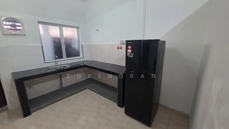 Kitchen features: black granite countertop, single-bowl stainless-steel sink, chrome faucet, black fridge, white tiled backsplash, light beige tile flooring, window with frosted glass, wall-mounted light fixture; style: modern.