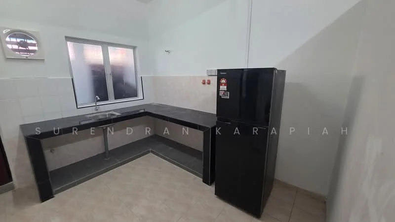 Kitchen features: black granite countertop, single-bowl stainless-steel sink, chrome faucet, black refrigerator, white tiled backsplash, white tiled walls, light-colored floor tiles, window with clear glass, wall-mounted clock; style: modern.