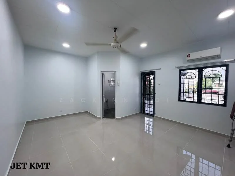 Room features: white painted walls, glossy ceramic tile flooring, ceiling fan, wall-mounted air conditioning unit, arched windows with black metal grilles, sliding glass door, natural light from windows, neutral color scheme; style: modern; view: garden.