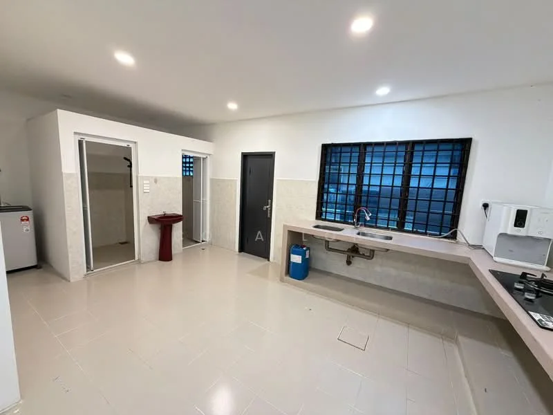 Kitchen features: single-bowl stainless-steel sink, chrome pull-down faucet, laminate countertop, built-in kitchen cabinets, stainless-steel gas hob, wall-mounted microwave, tile flooring, white painted walls, black window grills, recessed LED downlights, open shelving, fridge, utility area with shower, wash basin; style: modern.