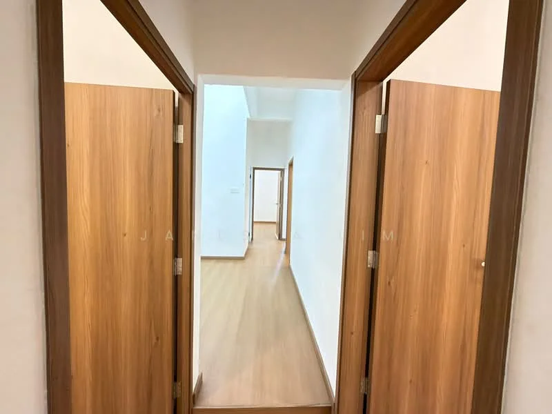 Hallway features: light wood panel doors, white painted walls, laminate flooring, ceiling with no visible fixtures; style: modern.