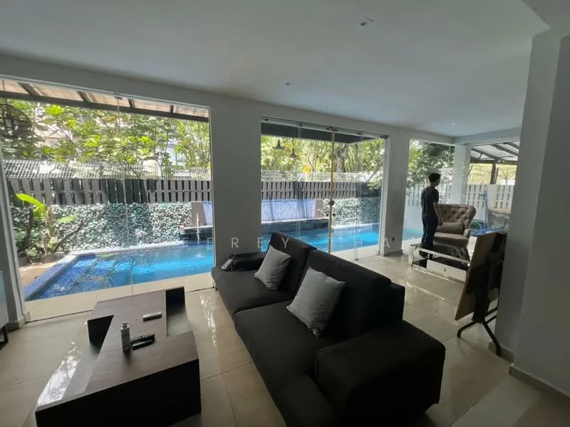 Living features: 3-seater fabric sofa in dark grey, coffee table, floor-to-ceiling windows, sliding glass door, tile flooring, recessed downlights, decorative wall art, view of swimming pool, greenery outside; style: modern; view: pool.