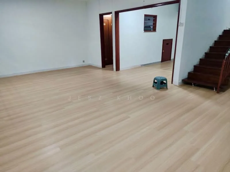 Room features: laminate flooring, white painted walls, wooden staircase, open layout, doorway leading to another room, stool, window, light fixture; style: modern.