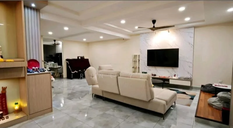 Living features: white painted walls, marble tile flooring, tray ceiling with recessed downlights, 5-blade ceiling fan, wall-mounted TV, light-colored sectional sofa, coffee table, decorative wall with marble finish, area rug, open layout to adjacent room; style: modern.