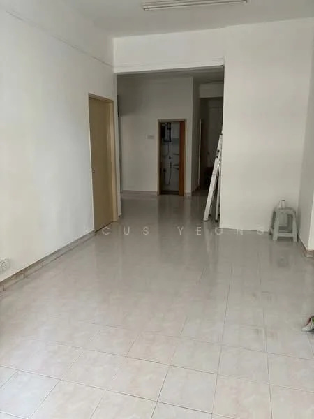 Room features: white painted walls, glossy ceramic tile flooring, single wooden door, door frame, light fixtures on ceiling, open layout, neutral color scheme, visible utility area in background; style: minimalist.
