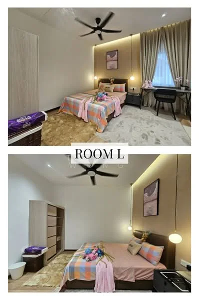 Bedroom features: queen-size bed with pink and orange bedding, upholstered headboard, 2 bedside lamps, wooden flooring, ceiling fan with light, wall-mounted artwork, curtains, study desk, built-in wardrobe, decorative flowers on bed, area rug, wall-mounted light fixtures; style: modern.