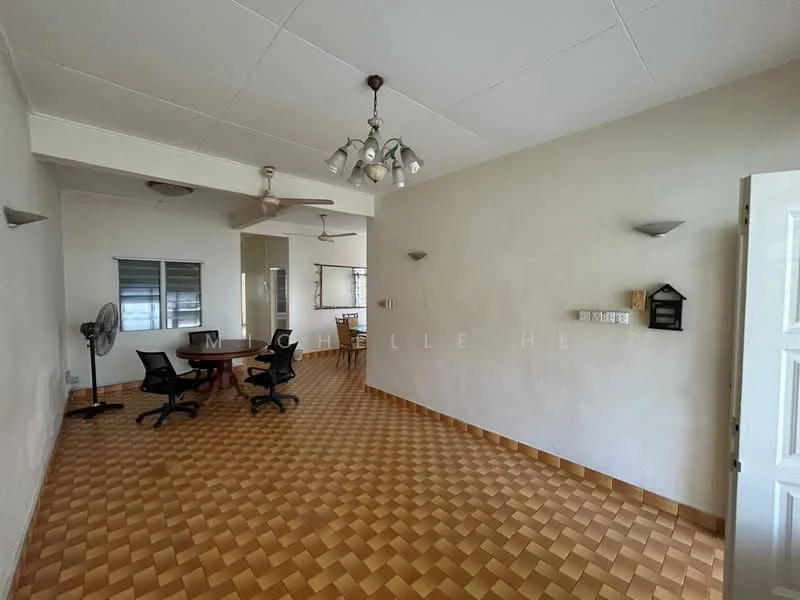 Living features: tan patterned tile flooring, white painted walls, ceiling fan, 5-blade ceiling fan with light, dining table with chairs, wall-mounted light fixtures, window with grille, open layout to kitchen, doorway leading outside.